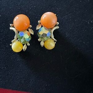 Elegant Antique Orange and Yellow Gemstone clip on Earrings
